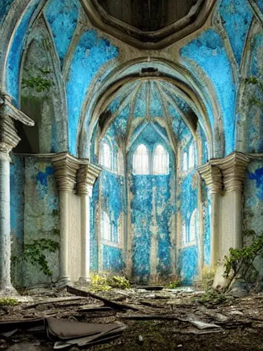 Prompt: interior of an abandoned, overgrown church, blue color palette, photo, digital art, detailed, intricate complexity, artstation