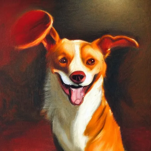 Image similar to A red dog portrait with big eyes and little ears laughing. in the art style of William Turner. Dramatic lighting, high resolution.