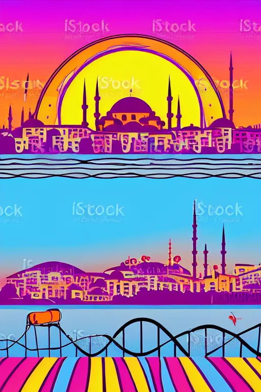 Image similar to minimalist boho style art of colorful istanbul skyline at sunrise, illustration, vector art