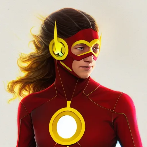 Prompt: Melissa Benoist as Kid Flash, western, D&D, fantasy, intricate, elegant, highly detailed, digital painting, artstation, concept art, matte, sharp focus, illustration, art by Artgerm and Greg Rutkowski and Alphonse Mucha