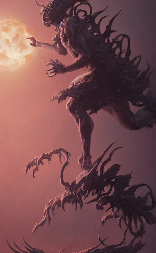Prompt: statue of a demon of the moon ascending from hell, dramatic lighting, flowing tendrils, artstation, concept art, smooth, sharp focus, illustration, art by greg rutkowski
