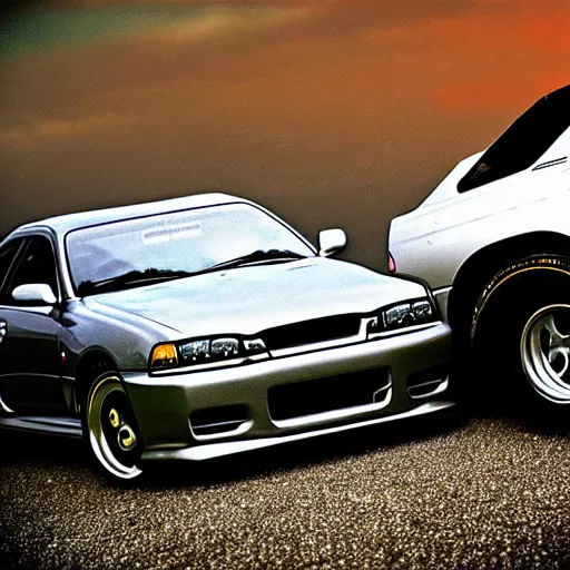 Image similar to beautiful detailed long shot photograph of a spinosaurus crushing a nissan skyline r34 under its feet