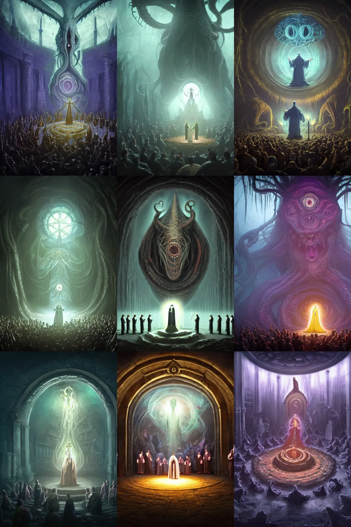 Prompt: a group of priest in circle invoking an hyper realistic lovecraft creature portrait in a huge ritual portal, 4 k, fantasy art, glamorous composition, cinematography lighting, volumetric fog, vivid colors, magical realism, realistic