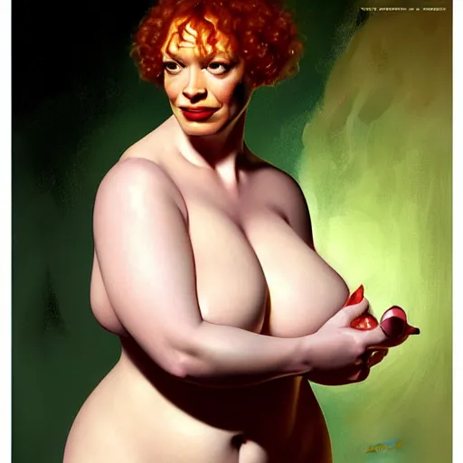 Image similar to upper body portrait of christina hendricks as baron harkonnen in a black oil bath by norman rockwell and boris vallejo, artstation, concept creature character art