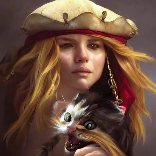 Image similar to Portrait of a Cat as a Pirate, photo, highly detailed oil painting, photorealistic, highly detailed, digital painting, artstation, concept art, smooth, sharp focus, illustration, art by artgerm and greg rutkowski and alphonse mucha