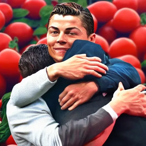 Image similar to christiano ronaldo crying while hugging leonardo decaprio. standing on the moon on a field of tomatoes. high definition. award winning. high resolution