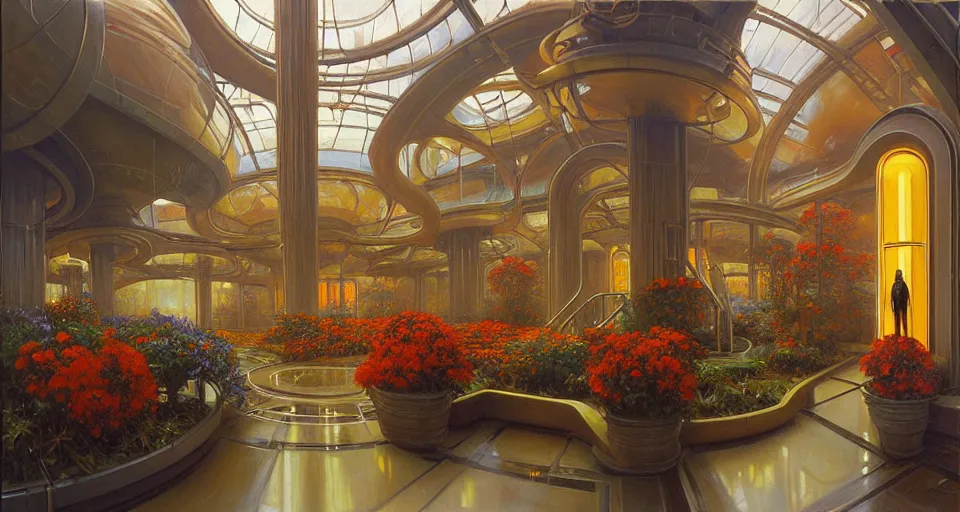 Image similar to a minimalist oil painting by donato giancola and james gurney, warm coloured, cinematic scifi luxurious futuristic foggy steam filled megalithic garden circular shopping mall interior with microscopy minimalist giant windows flowers growing out of pretty bulbous ceramic fountains, gigantic pillars and flowers, maschinen krieger, beeple, star trek, star wars