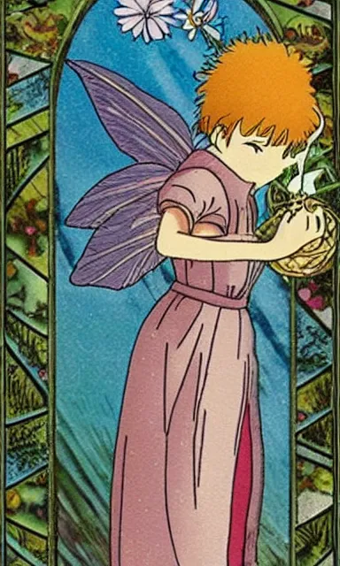 Image similar to fairy floral tarot card by Hayao miyazaki