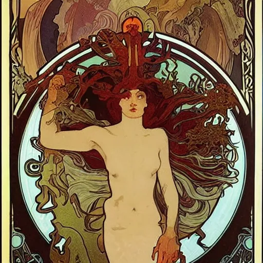 Prompt: nightmare Monsters by Alphonse Mucha