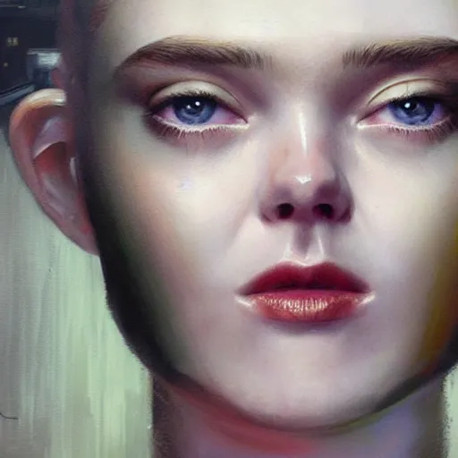 Prompt: a striking hyper real oil painting of Elle Fanning with cybernetics in the style of Blade Runner