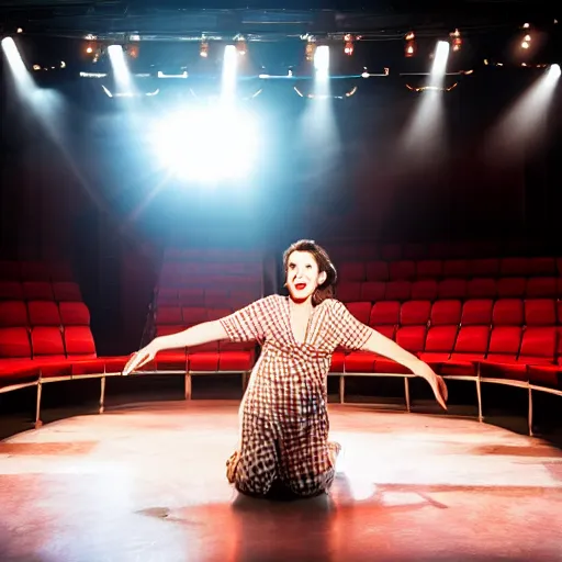 Prompt: Broadway actress rehearsing a play on stage, one spotlight stage lighting cinematic photo