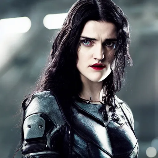 Image similar to Katie McGrath as Cyberpunk Morgana