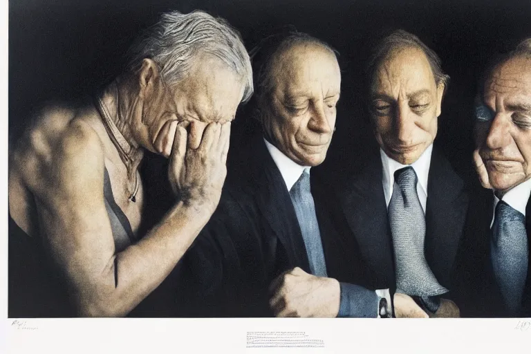 Prompt: a portrait of the three richest men in the world, crying. by anne leibovitz