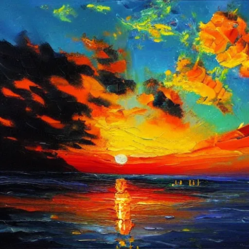 Image similar to an impasto oil painting of a stunning, colorful sunset painted by ken hong leung