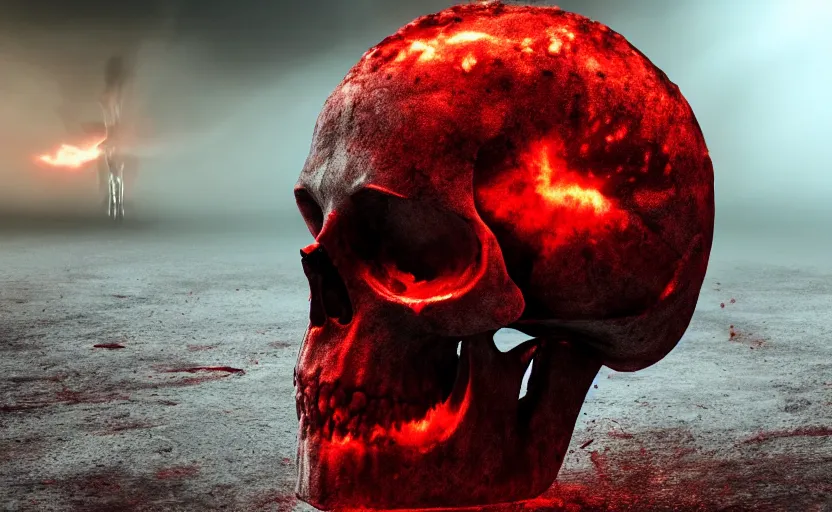 Prompt: nuclear explosion of blood in a shape of a skull, cinematic shot, dramatic volumetric lighting, epic composition, 4K Ultra HD