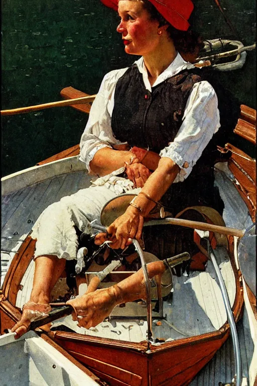 Prompt: portrait of woman in a boat, painted by Norman Rockwell