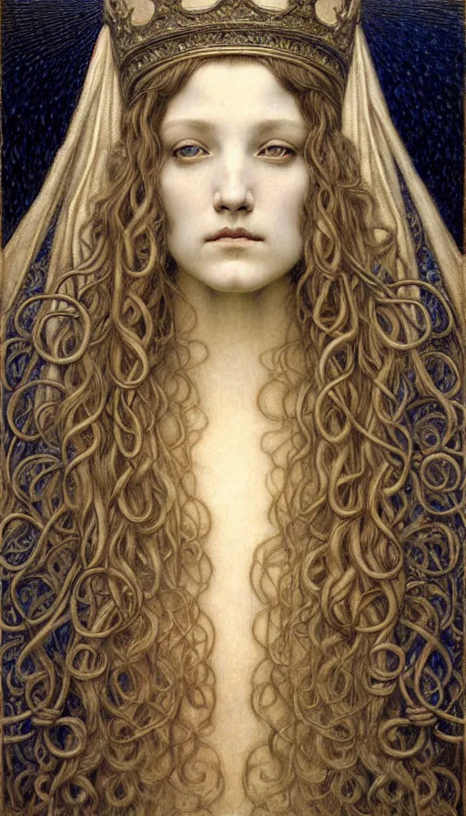 Image similar to detailed realistic beautiful young medieval queen face portrait by jean delville, gustave dore and marco mazzoni, art nouveau, symbolist, visionary, gothic, pre - raphaelite. horizontal symmetry