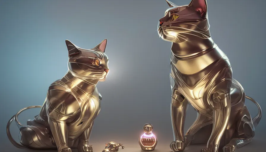 Image similar to product photo of a futuristic luxurious feline pet robot by artgerm and greg rutkowski and alphonse mucha, zaha hadid, cat dog teddy mix, volumetric light, detailed, octane render, midsommar