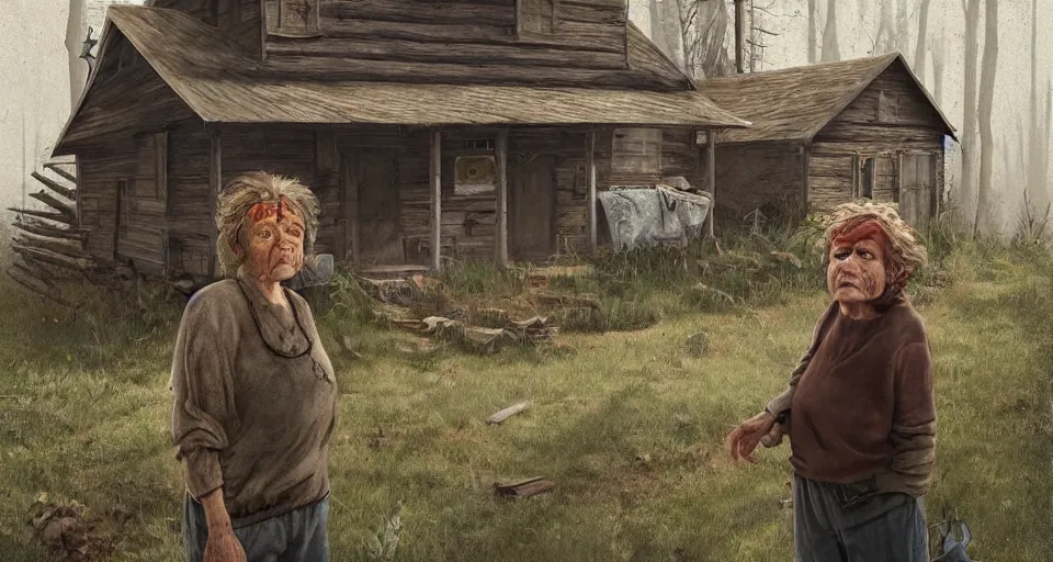 Image similar to single character, ugly old woman with sinister face standing outside old cabin, portrait, dirty clothes, forrest in the background, utopian looking, 80s, moody, hyperrealistic, detailed face, in the style of Simon Stalenhag