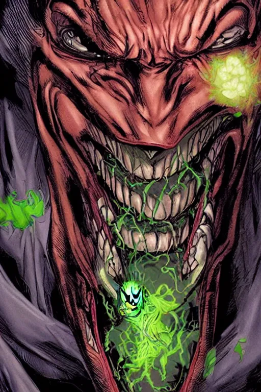 Image similar to angry joker, clenching teeth, with ghost smokes behind, green scary lights, illustration, jason fabok, jim lee, mark brooks, alex ross style, dark fantasy color scheme, cinematic, mysterious