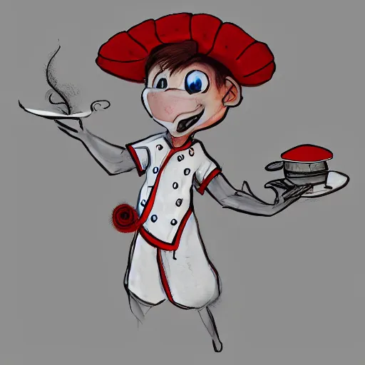 Image similar to red baby dragon wearing a chef's hat, concept art