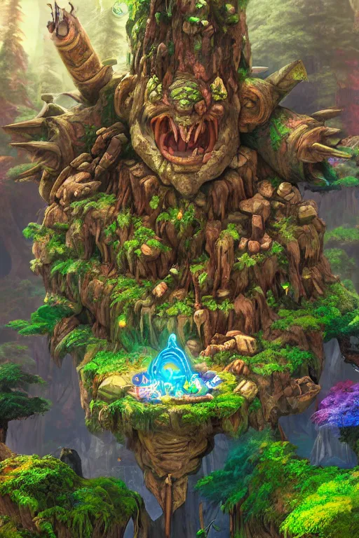 Image similar to zelda fantasy art giant golem troll wood rock greeble gemstone enchanted forest, global illumination ray tracing hdr fanart arstation by sung choi and eric pfeiffer and gabriel garza and casper konefal bastion forged hardmesh lisa frank zbrush central radiating a glowing aura global illumination ray tracing hdr