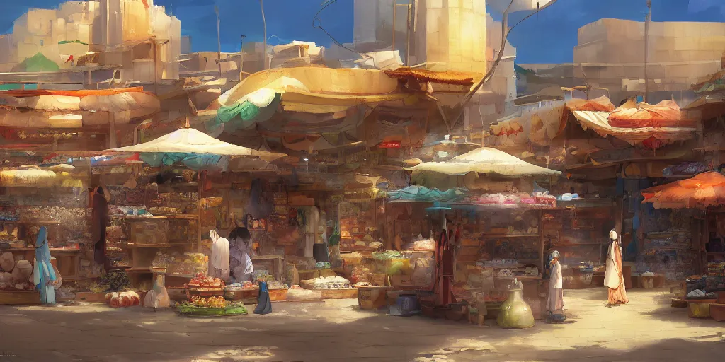 Prompt: arabian marketplace by makoto shinkai