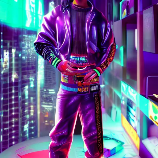 Image similar to colorful cyberpunk with gucci clothes, 8 k, octane render