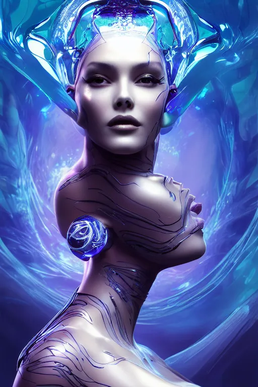 Prompt: a centered profile render of an alluring futuristic goddess with slight cyborg modifications surrounded by a underwater ink pour and flowing liquid gallium and sacred geometry, perfect body and face, powerful, cinematic, beautifully lit, by artgerm, by karol bak, 3 d, trending on artstation, octane render, 8 k