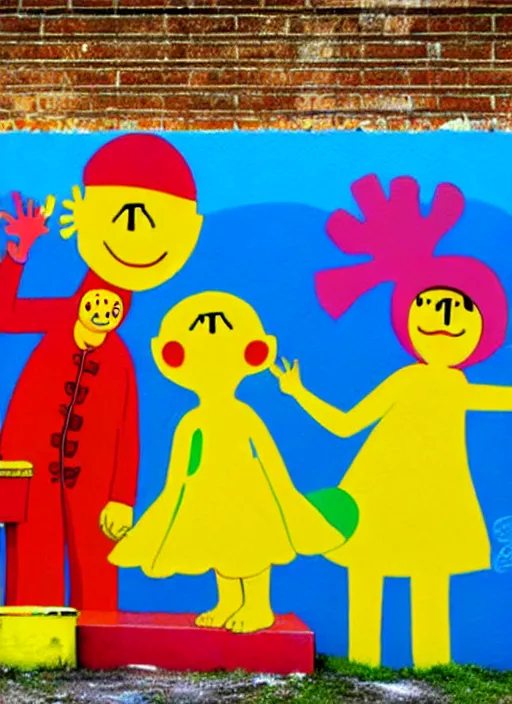 Image similar to graffiti, splash painting, happy family, by os gemeos