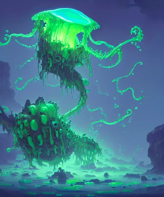 Prompt: an ooze slime creature made of bioluminescence, fantasy, elegant, crisp 8 k line work, rim light, digital painting, artstation, unreal engine, octane render, concept art, matte, sharp focus, illustration, art by james jean and justin gerard and josan gonzalez