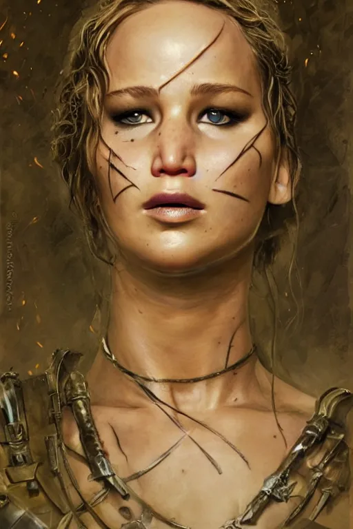 Image similar to jennifer lawrence, legendary warrior, heroic fighter, lord of the rings, tattoos, decorative ornaments, battle armor, omar ortiz, carl spitzweg, ismail inceoglu, vdragan bibin, hans thoma, greg rutkowski, alexandros pyromallis, perfect face, sharply detailed, centered, rule of thirds, realistic shading, photorealism