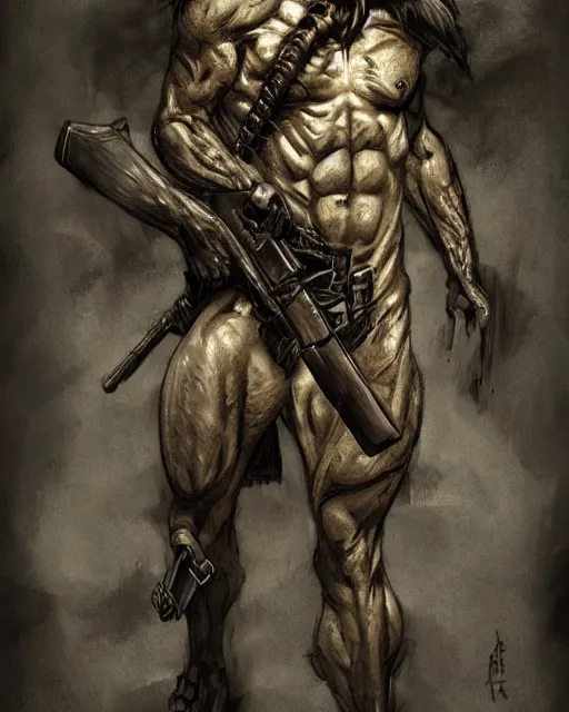 Image similar to rambo exposed to radiation and became skeleton, full body, concept art, high detailed, fine art, trending on artstation, smooth draw, sharp focus.