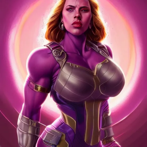 Prompt: scarlett johansson as thanos, feminine beautiful muscular fitness model wearing armor, very dark purple skin, red lips, super very strong jaw, shredded abs, pin up, attractive, highly detailed full body portrait, pretty face, elegant, breathtaking art, concept art, by artgerm and ilya kuvshinov