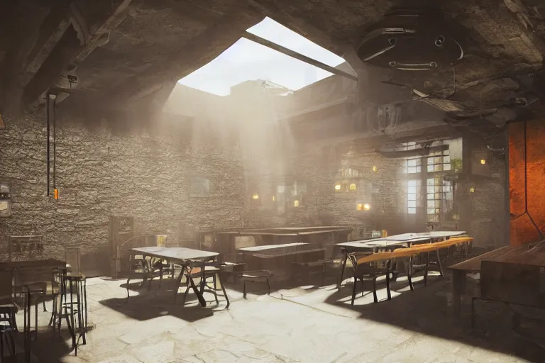 Image similar to ultra mega super hyper realistic Digital concept interior design of cyberpunk tavern with stone walls and neon lights many details by Hiromasa Ogura. Natural white sunlight from the transperient roof. Rendered in VRAY and DaVinci Resolve and MAXWELL and LUMION 3D, Volumetric natural light