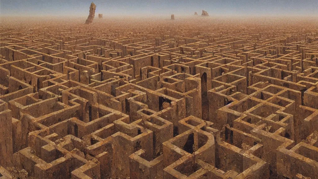 Prompt: atmospheric ancient ruins of a giant maze in the desert by beksinski and peter gric and bruce pennington