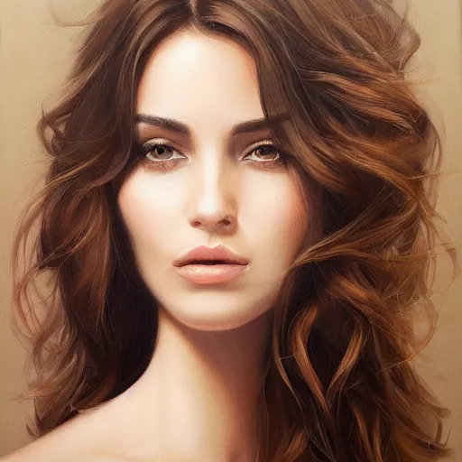 Image similar to beautiful portrait face centre oil on canvas of brunette with wavy hair Ebru Şahin, Reyyan, intricate, elegant, highly detailed, artstation, concept art, sharp focus, art by Alina Ivanchenko, Rob Ross, WLUP, artgerm