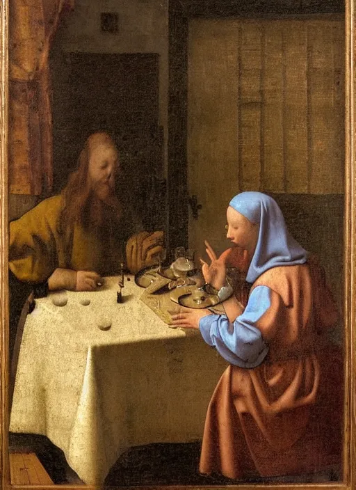 Image similar to a candlelit table at the inn, evening, dark room, two young people sitting at the table, swirling smoke, dark smoke, realistic, in the style of leonardo da vinci, dutch golden age, amsterdam, medieval painting by jan van eyck, johannes vermeer, florence