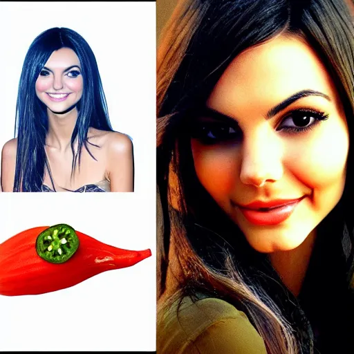 Prompt: one face shot of victoria justice in a jalapeno by 5 randomly selected famous illustrators. vastly enriched image quality. lucidly vivid. iridescentally detailed. extremely elegant and beautiful.