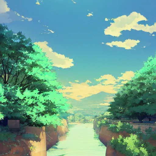 Prompt: by makoto shinkai peach, 1 9 7 0 s precise. the mixed mediart is of a small village with a river running through it. in the distance, there are mountains. the sky is clear & the sun is shining.