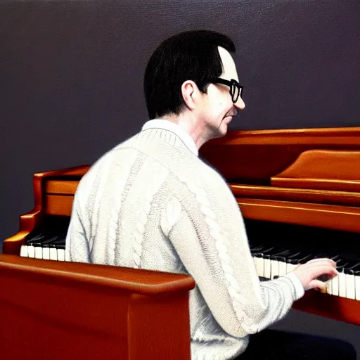 Image similar to An Oil Painting of the back view of Rivers Cuomo in a sweater with long hair and a mustache masterfully playing the piano, hyperrealistic, extremely realistic, highly realistic, HD Quality, 4k resolution, 8k resolution, Detailed, Very Detailed, Highly Detailed, Extremely Detailed, Intricate Details, Real, Very Real, Oil Painting, Digital Painting, Painting, Trending on Deviantart, Trending on Artstation