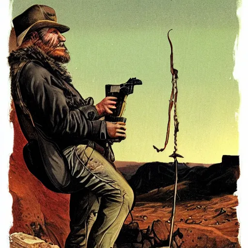 Prompt: 19th century scruffy american trapper, on mars, overlooking expanse, pulp science fiction illustration