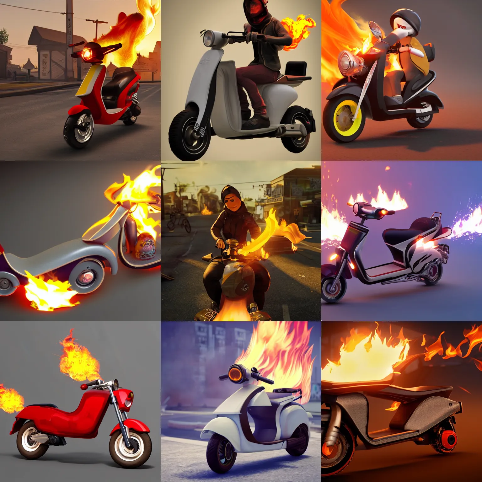 Prompt: scooter with dumplings, fire, high speed, trending on artstation, unreal engine 5