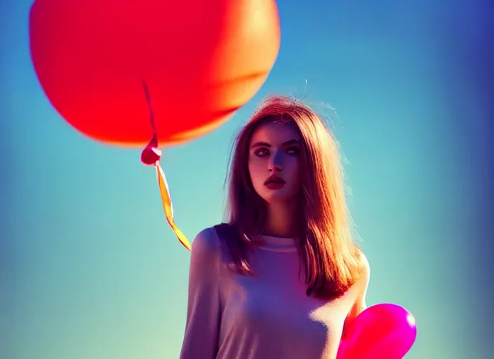 Image similar to landscape, a young caucasian woman between the ages of 2 0 - 2 5 years, wearing clothes made of balloons, fine art, modern realism, sharp focus, good lighting, trending on artstation, trending on tiktok, smooth drawing, elegant, dignified, without anomaly.