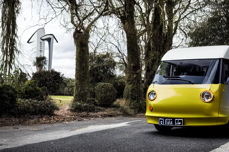 Prompt: car photography of Tesla electric minibus By Emmanuel Lubezki