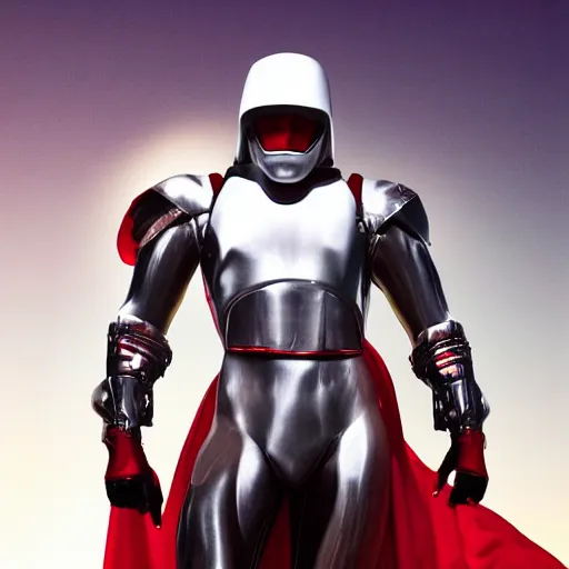 Image similar to portrait of a tall muscular infantry man in glossy sleek white armor with small red details and a long red cape, heroic posture, determined expression, on the surface of mars, night time, dramatic lighting, cinematic, sci-fi, hyperrealistic, movie still