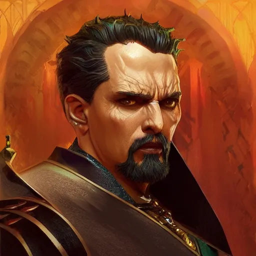 Image similar to sinister sultan, D&D, painted fantasy character portrait, highly detailed, digital painting, artstation, concept art, sharp focus, illustration, art by artgerm and greg rutkowski and alphonse mucha