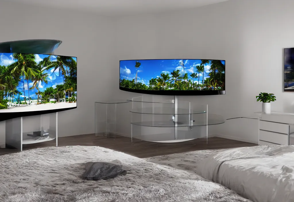 Image similar to curved transparent 3 dtv florida weathermap popping out of tv, volumetric lighting, bedroom, visor, users, pair of keycards on table, bokeh, creterion collection, shot on 7 0 mm, instax