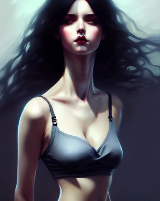 Image similar to hyper - realistic portrait of a gothic girl, dynamic wavy hair, dynamic body anatomy, detailed designs, digital painting, 4 k, by ilya kuvshinov, by greg rutkowski, atmospheric lighting