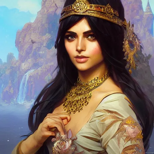 Prompt: indo-persian princess, D&D, painted fantasy character portrait, highly detailed, digital painting, artstation, concept art, sharp focus, illustration, art by artgerm and greg rutkowski and alphonse mucha